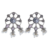 Cluster Pearl Earrings With Pastel Stone